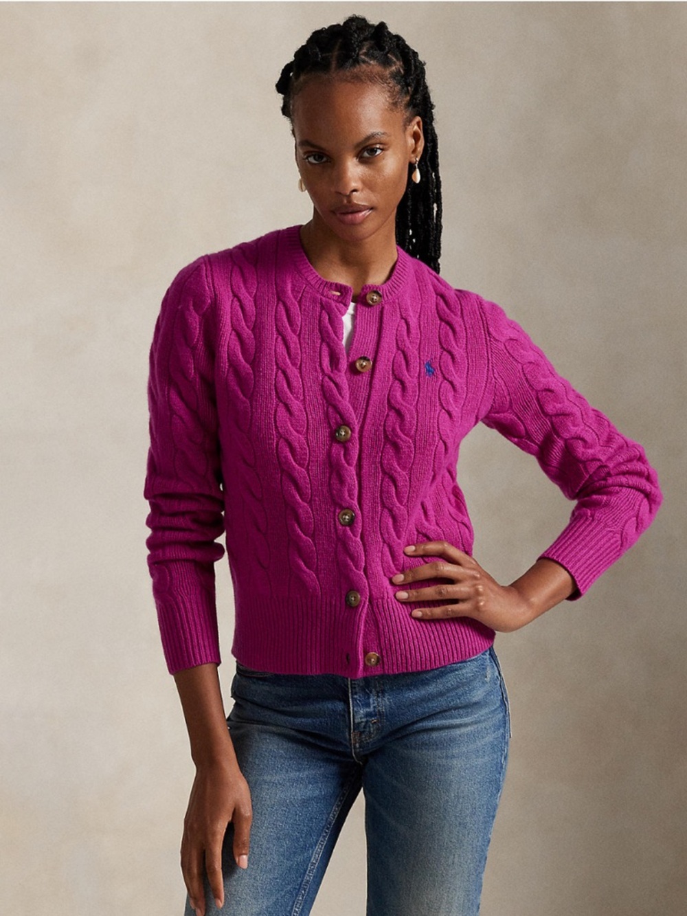 Polo by Ralph Lauren Pink Cable-Knit Button Cardigan Cotton